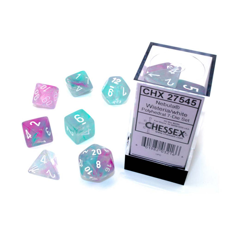 Chessex 27545 Nebula Wisteria/white Luminary dice set (9003744100589)