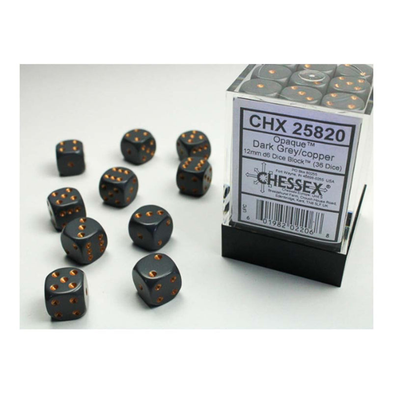 Chessex 25820 Opaque 12mm d6 (36 dice) Dark Grey/copper (9003721490669)