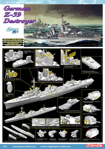 Dragon Model 7103 1/700 GERMAN Z-39 DESTROYER (SMART KIT) - Hobby City NZ (8964875747565)