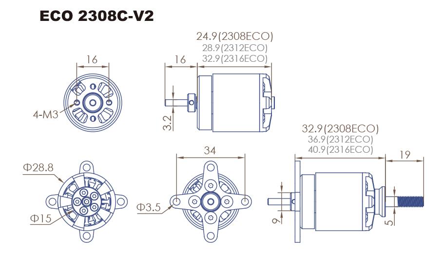 Dual Sky 51645 Dual Sky ECO V2 2308C 1500kv 184w Brushless Outrunner Motor 47g 8x4e - DSA51645