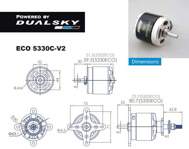 Dual Sky ECO V2 5330C 280KV 3200W Brushless Outrunner Motor 640g 20x13E 22x10E 8S Replaces 30cc - DSA51682