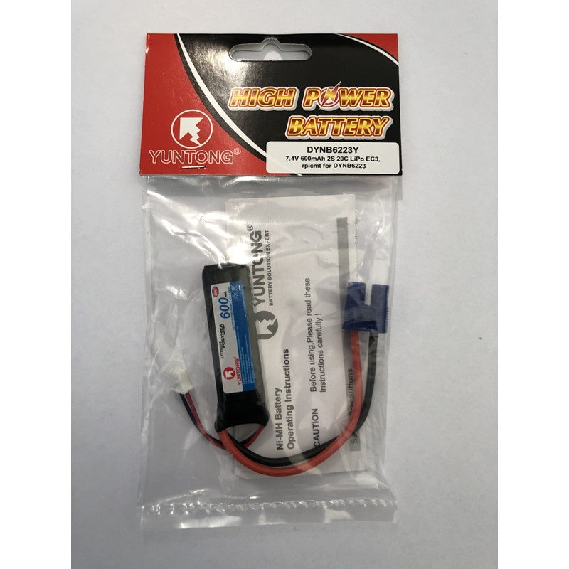 Yuntong DYNB6223Y 7.4V 600mAh 2S 20C LiPo EC3rplcmt for DYNB62232 fits 9 inch jet sprint