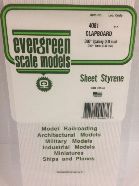 Evergreen 4081 Styrene Clapboard Siding 6 x 12" - 0.080" Spacing (1pc) (7654716571885)