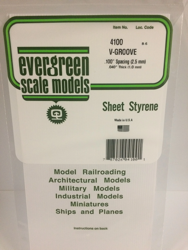 Evergreen 4100 Styrene V-Groove 0.100 Spacing (0.040 X 6 X 12") -  pieces - Hobby City NZ