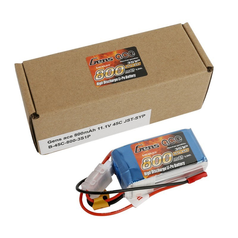Gens Ace GA0800-3S45-JST 800mAh 3S 11.1v Lipo Battery 58x30x23mm 70g JST Plug & XH Balance - Hobby City NZ
