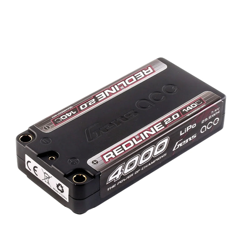 Gens Ace Redline 2.0 4000mAh 2S 7.4V 140C HardCase 130# Shorty Lipo Battery with 5.0mm Bullet Connector - GA4000-2S140-S-RL2.0