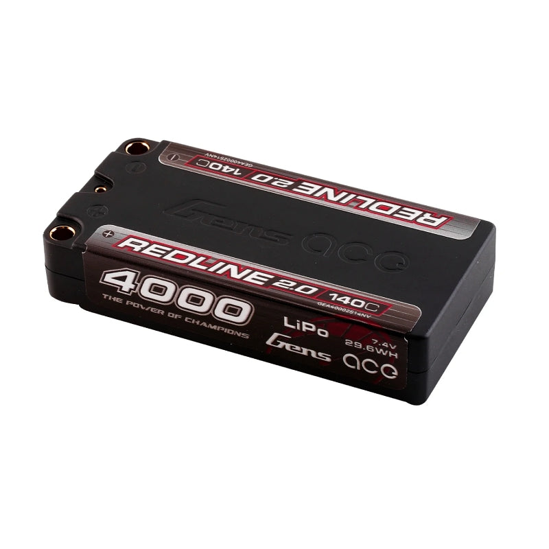 Gens Ace Redline 2.0 4000mAh 2S 7.4V 140C HardCase 130# Shorty Lipo Battery with 5.0mm Bullet Connector - GA4000-2S140-S-RL2.0