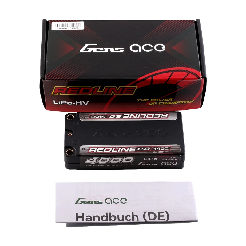 Gens Ace Redline 2.0 4000mAh 2S 7.4V 140C HardCase 130# Shorty Lipo Battery with 5.0mm Bullet Connector - GA4000-2S140-S-RL2.0