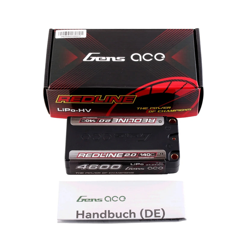 Gens Ace Redline 2.0 4600mAh 2S 140C 7.4V HardCase 64# LiPo Battery with 5.0mm Bullet - GA4600-2S140-S-RL2.0