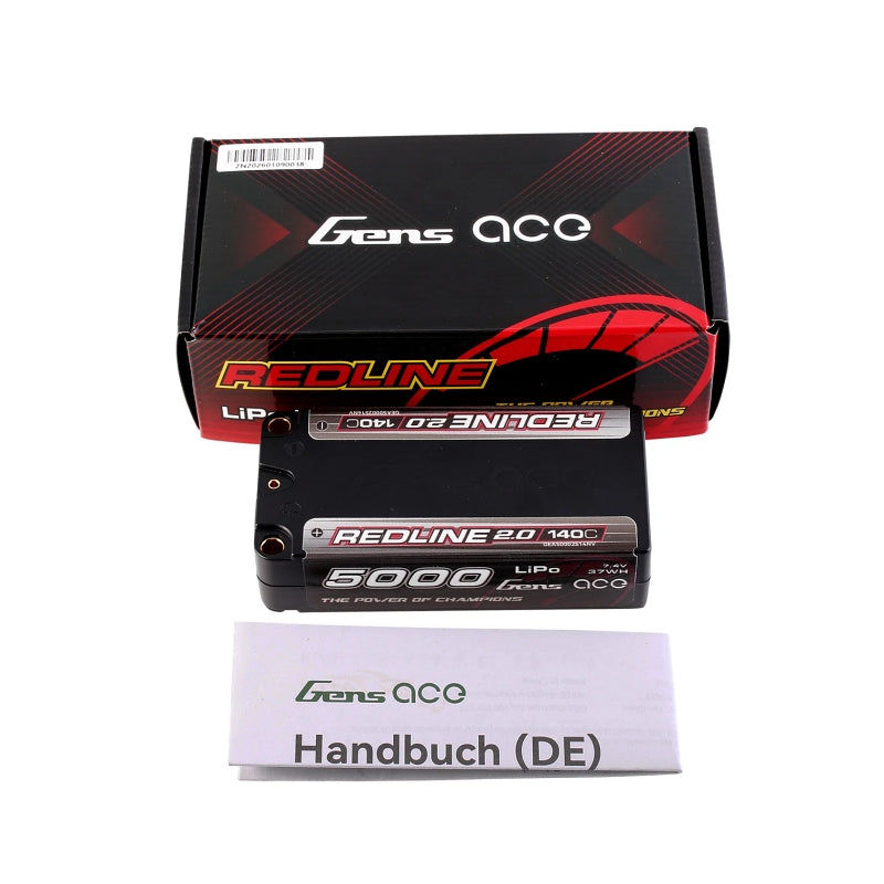 Gens Ace Redline 2.0 5000mAh 2S 140C 7.4V HardCase 63# Shorty Lipo Battery with 5.0mm Bullet Connector - GA5000-2S140-S-RL2.0