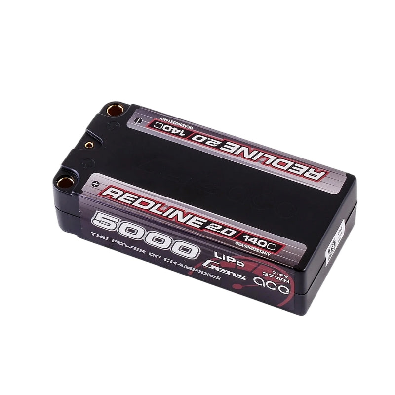 Gens Ace Redline 2.0 5000mAh 2S 140C 7.4V HardCase 63# Shorty Lipo Battery with 5.0mm Bullet Connector - GA5000-2S140-S-RL2.0