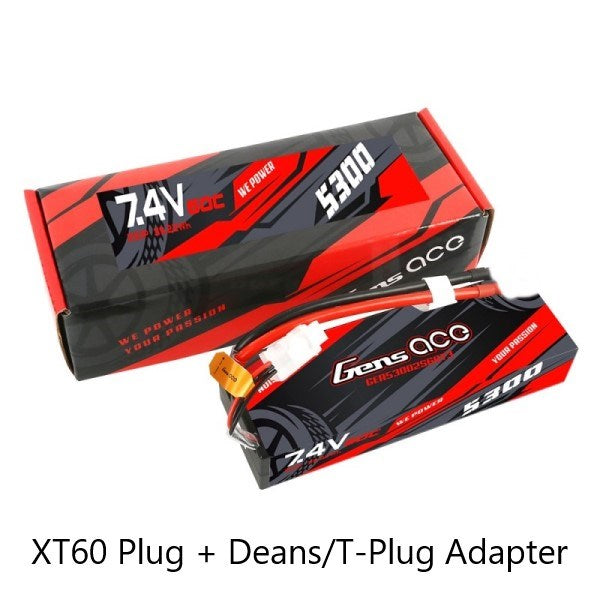 Gens Ace 5300mAh 2S1P 7.4V 60C Hardcase LiPo w/XT60 Plug and Deans Adapter - Hobby City NZ