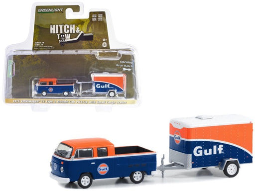 Greenlight GL-32280-B 1/64 1975 Volkswagen T2 Type 2 Double Cab Pickup with Cargo Trailer (8255528468717)