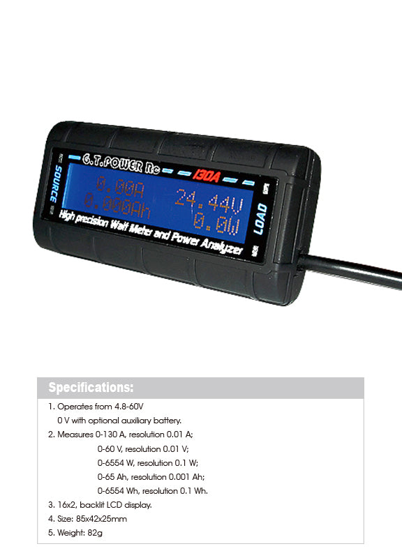 GT Power Watt Meter 4.8-60V 0-180A 6554W Max Tool (2)