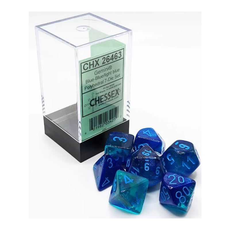 Chessex 26463 Gemini Blue-Blue w/light blue Luminary 7-Dice Set (9003745542381)