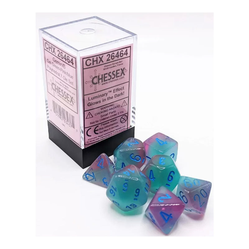 Chessex 26464 Gemini Gel Green-Pink w/blue Luminary 7-Dice Set (9004784582893)