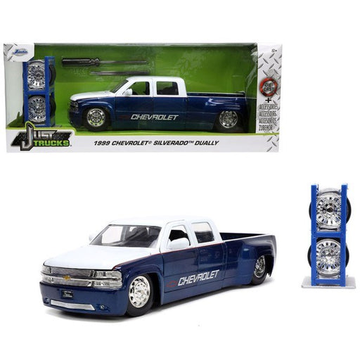 Jada 33026 1/24 1999 Chevrolet Silverado Dually (Blue/White) w/Wheel Rack - Just Trucks (8278364455149)