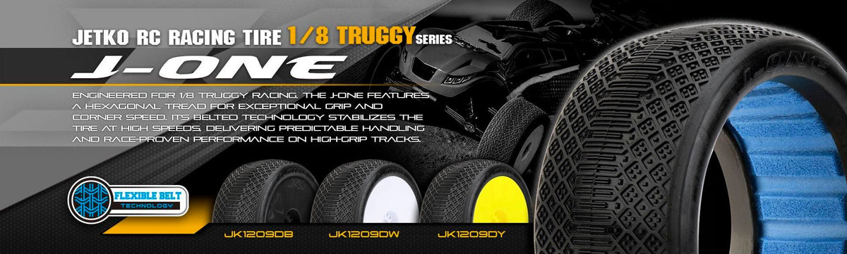 Jetko J-ONE Truggy Dish White Rim Composite Clay Ultra Soft Unglued Belted RC Wheel & Tyre Set 1/8 Scale (2)