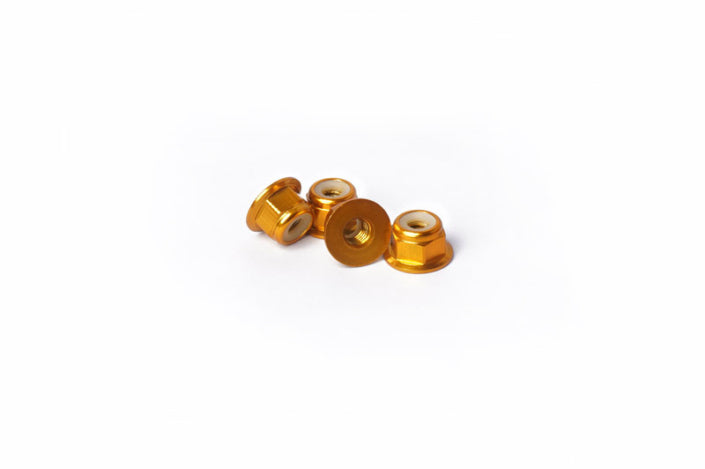 Koswork KOS04309 Kyosho M4 Aluminum Flanged Nylon Lock Nuts Gold (4) Mid/Turbo/Optima/Javelin/Ultima (9003639668973)