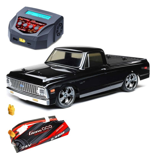 TLR / LOSI LOS03034T2 1972 Chevy C10 Pickup 1/10 4WD V100 RTR Black plus Gens Ace 5300mAh 2S 7.4v 60C Hard Case with XT60 Plug and C6D Mini AC Charger (8374145351917)