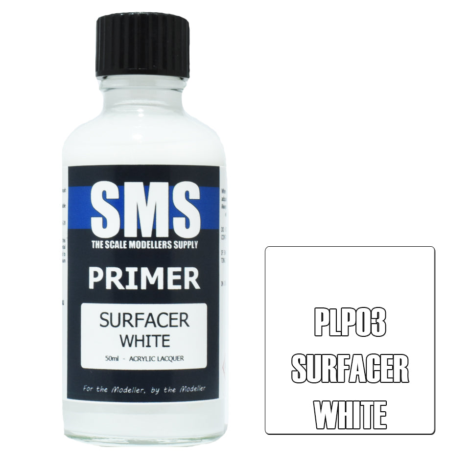 Scale Modellers Supply SMS Primer Surfacer White Acrylic Lacquer Airbrush Paint 50ml - PLP03