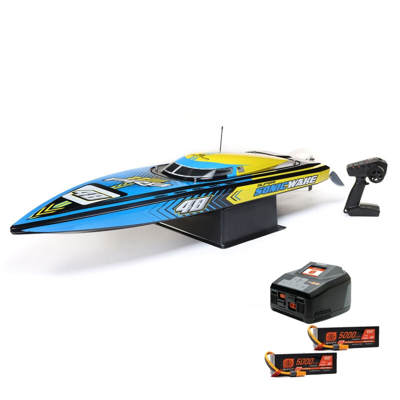 Pro Boat PRB08052+SPMXPSS850 Super Sonicwake 48in 8S Self-Righting Brushless Deep-V RTR plus Smart Powerstage 8S Surface Bundle: (2) G2 5000mAh 4S LiPo IC5 Battery and S2100 Charger