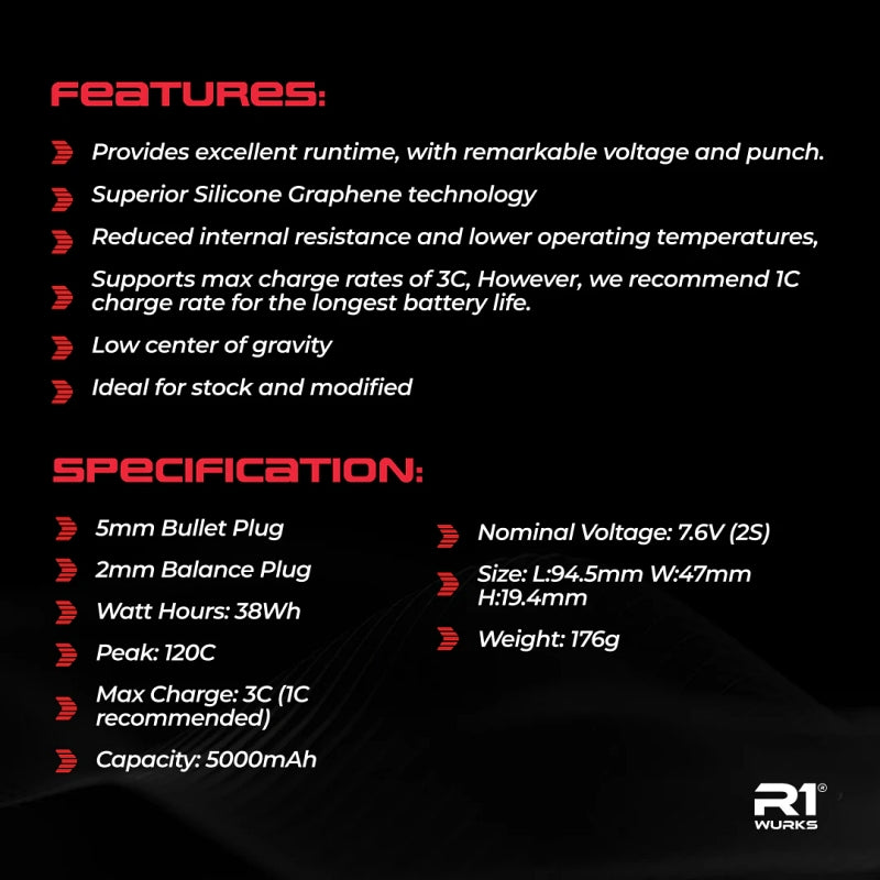 R1 Wurks 5000mAh 120C 7.6V 2S HV LCG Shorty Silicon Graphene RC LiPo Battery (3)