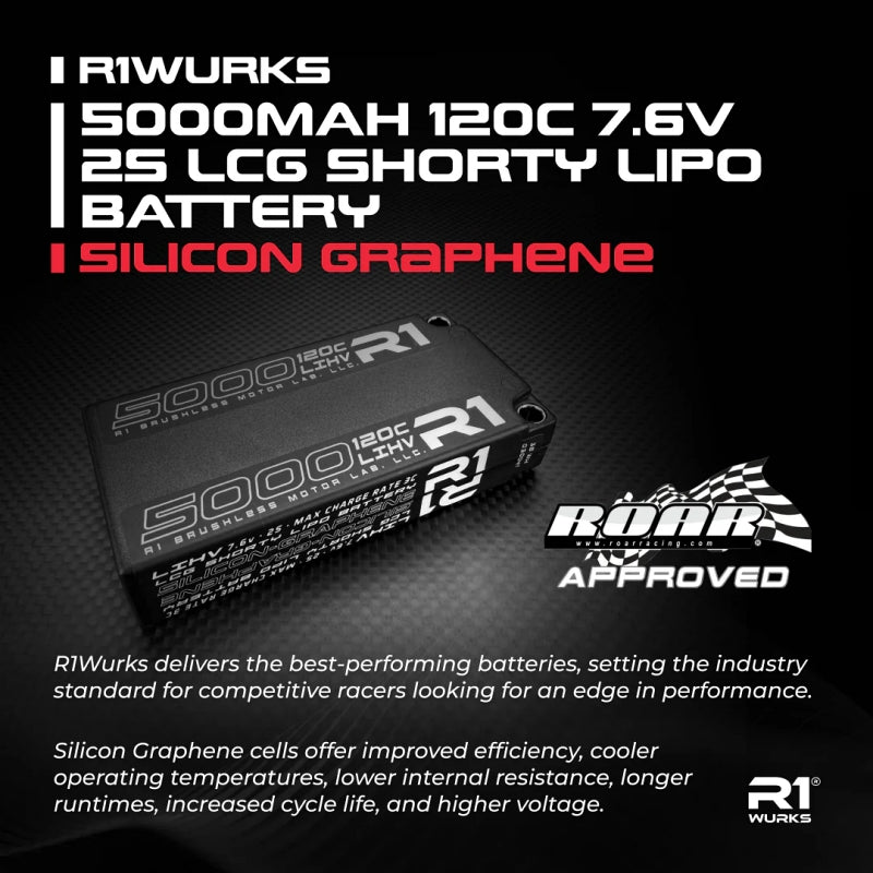 R1 Wurks 5000mAh 120C 7.6V 2S HV LCG Shorty Silicon Graphene RC LiPo Battery