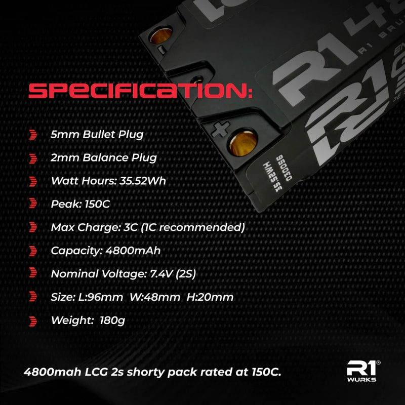 R1 Wurks 4800mAh 150C 7.4V 2S LCG Shorty Silicone Graphene RC LiPo Battery (3)