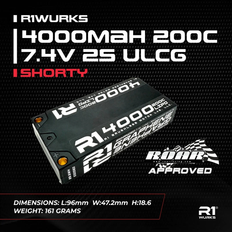 R1 Wurks 4000mAh 200C 7.4V 2S ULCG Shorty 161g RC LiPo Battery