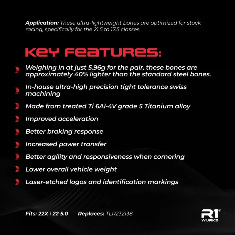 R1 Wurks 22 Series Titanium HD Rear CVA Bones X67mm 22X-4 & 22X Shorten Pin RC Drive Shaft (2)