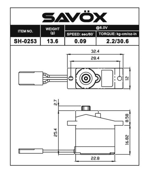 Savox SH-0253 Micro Digital Servo 13.6g / 2.2kg-cm (8255464210669)