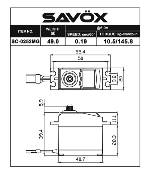 Savox SC-0252MGP STD size 10.5Kg/cm Digital Servo 0.19 sec 6.0V 49g 40.7x20x39.4mm Plus Soft Start - Hobby City NZ (8347099005165)