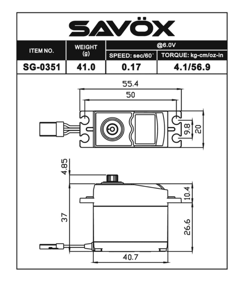 Savox SG-0351P Savox Standard size 4.1kg/cm, 0.17sec @ 6v Digital Servo with Soft Start, 41g, 40.7x20x37.0mm (9250522235117)
