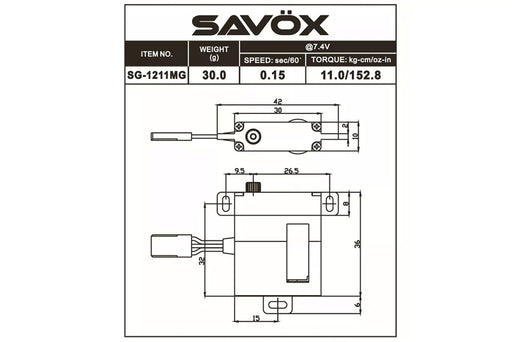 Savox SG-1211MG Savox HV Metal Gear High Torque Digital Wing Servo 11kg 0.15sec @ 7.4v 30x10x36mm 30g (9250522300653)