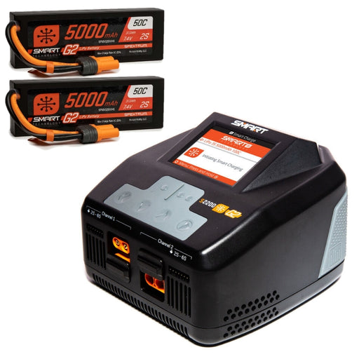 Spektrum SPMXC2010AU+SPMX52S50H5_X2 Spektrum Charger AC Smart S2200 G2 2x200W plus 5000mAh 7.4v 2S 50C Smart G2 Hardcase LiPo Battery: IC5 Fits Promoto MX (9255887929581)