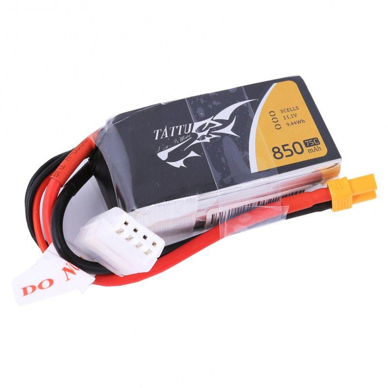 Tattu TA850-3S75-XT60 850mah 11.1v 3S1P 75C with XT60 Plug 59x30x24mm 85g - Hobby City NZ