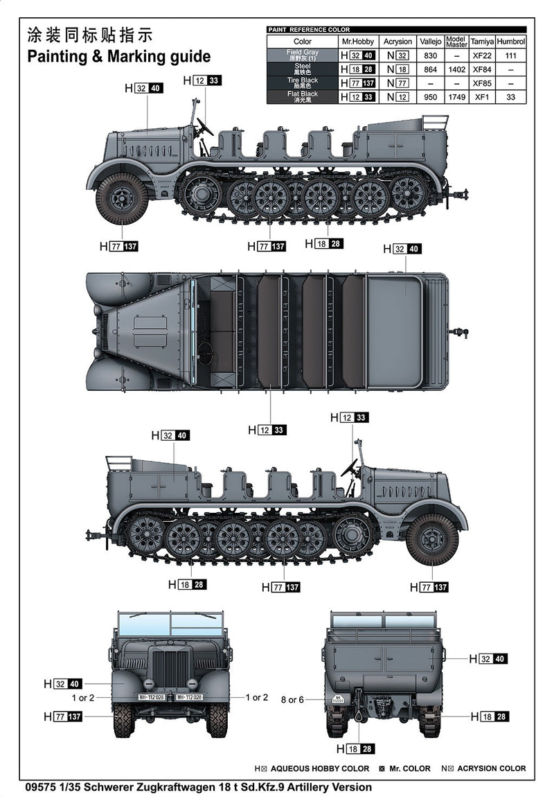 Trumpeter 09575 1/35 Schwerer Zugkraftwagen 18 t Sd.Kfz.9 Artillery Version