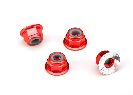 Traxxas 1747A Nuts aluminum flanged serrated (4mm) (red-anodized) (4) (7617510768877)