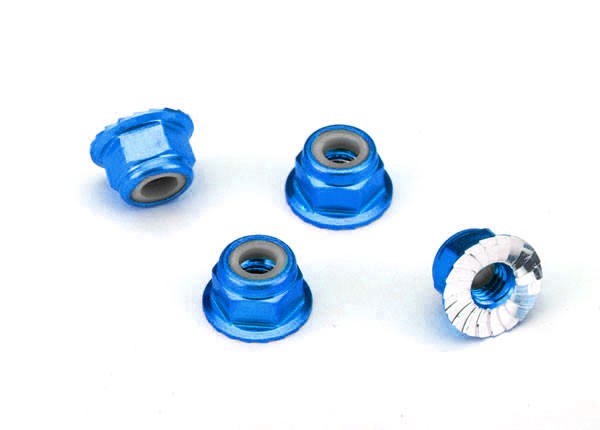 Traxxas 1747R - Nuts Aluminum Flanged Serrated (4Mm) (Blue-Anodized) (4)