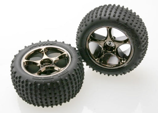 Traxxas 2470A - Tires & wheels assembled 2.2 black chrome wheels Alias 2.2 tires (2) Bandit rear (7540675805421)