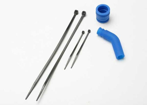 Traxxas 5245 - Pipe coupler molded (blue)/ exhaust deflecter (rubber blue)/ cable ties long (2)/ cable ties short (2) (769087242289)