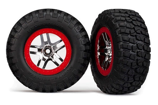 Traxxas 5877A - Tires & wheels assembled glued SCT chrome red beadlock wheels (2) (2WD front) (8264973451501)