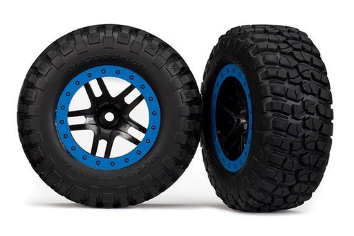 Traxxas 5883A - Tire & wheel glued SCT  black blue beadlock wheels (2) (4WD f/r 2WD r) (7617507033325)