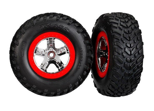 Traxxas 5887R - Tires & Wheels Glued Chrome Wheels Red Beadlock Style (2) (4Wd F/R 2Wd Rear) (8338404081901)