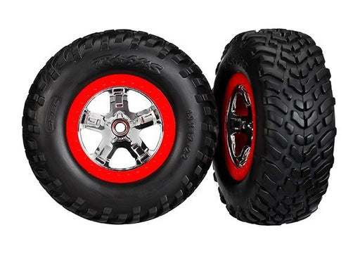 Traxxas 5887 - Tires & Wheels Glued Chrome Wheels Red Beadlock (2) (4Wd F/R 2Wd Rear) (8338403885293)