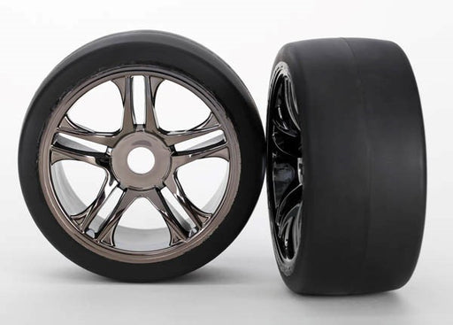 Traxxas 6477 - Split-Spoke Black Chrome Wheels Slick Tires S1 Compound (2) (769115652145)