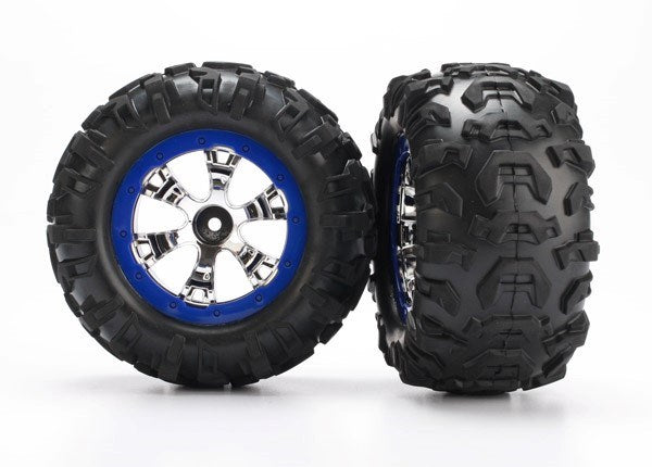 Traxxas 7274 - Tires and wheels assembled glued (Geode chrome blue beadlock style wheels Canyon AT tires foam inserts) (1 left 1 right)
