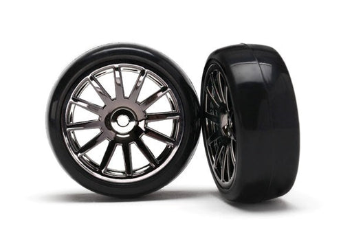 Traxxas 7573A -Tires & Wheels Assembled Glued (12-Spoke Black Chrome wheels slick tires) (2) (769282867249)