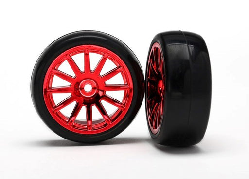 Traxxas 7573X -Tires & Wheels Assembled Glued (12-Spoke Red Chrome Wheels slick tires) (2) (769283031089)
